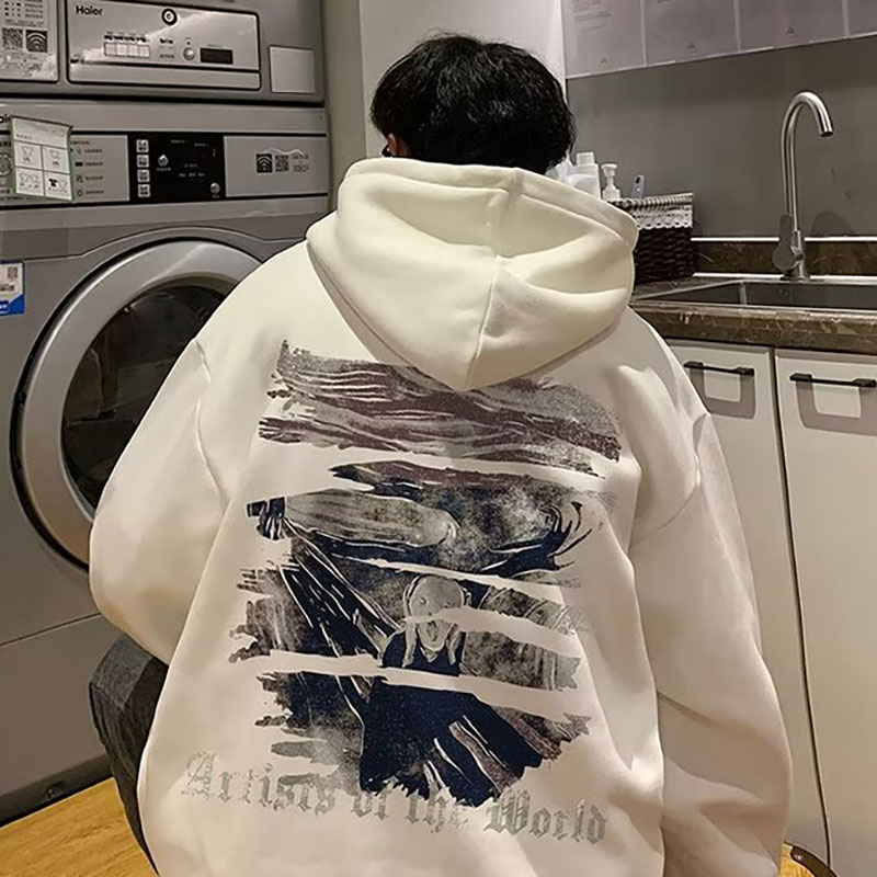 Áo Khoác sweater Có Mũ Trùm Dày Dặn Dáng Rộng Màu Trơn In Chữ Kiểu retro Đường Phố Thời Trang Mùa Đông Cho Nam