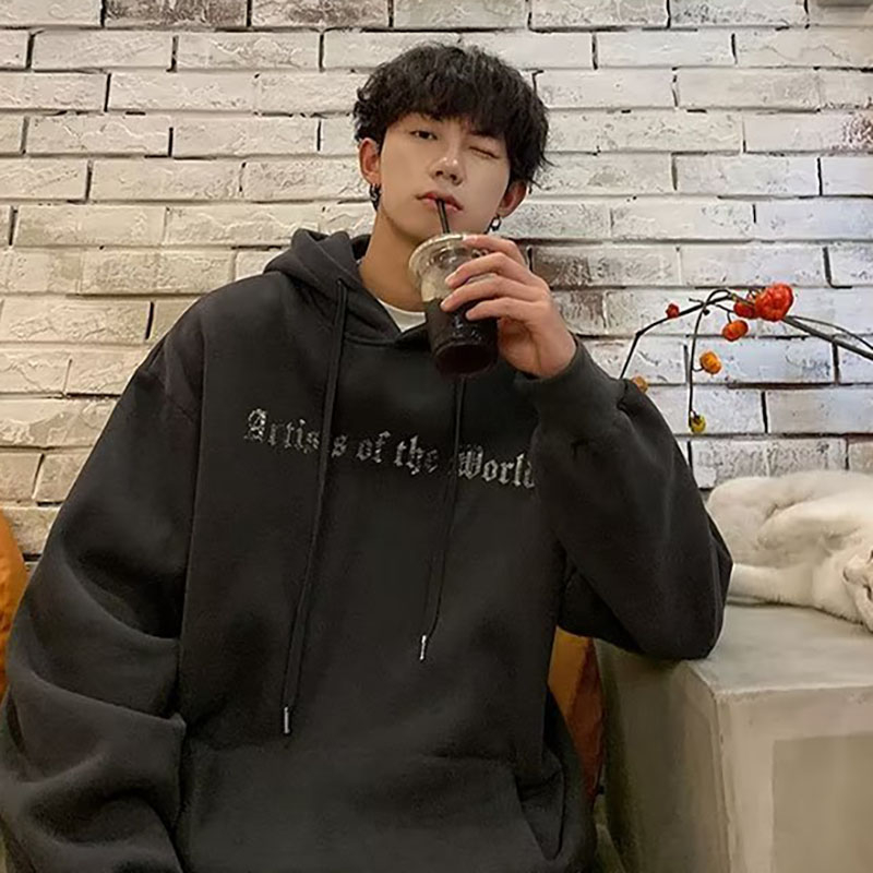 Áo Khoác sweater Có Mũ Trùm Dày Dặn Dáng Rộng Màu Trơn In Chữ Kiểu retro Đường Phố Thời Trang Mùa Đông Cho Nam