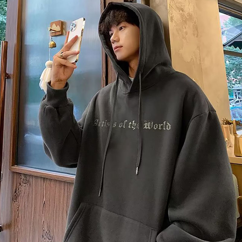 Áo Khoác sweater Có Mũ Trùm Dày Dặn Dáng Rộng Màu Trơn In Chữ Kiểu retro Đường Phố Thời Trang Mùa Đông Cho Nam