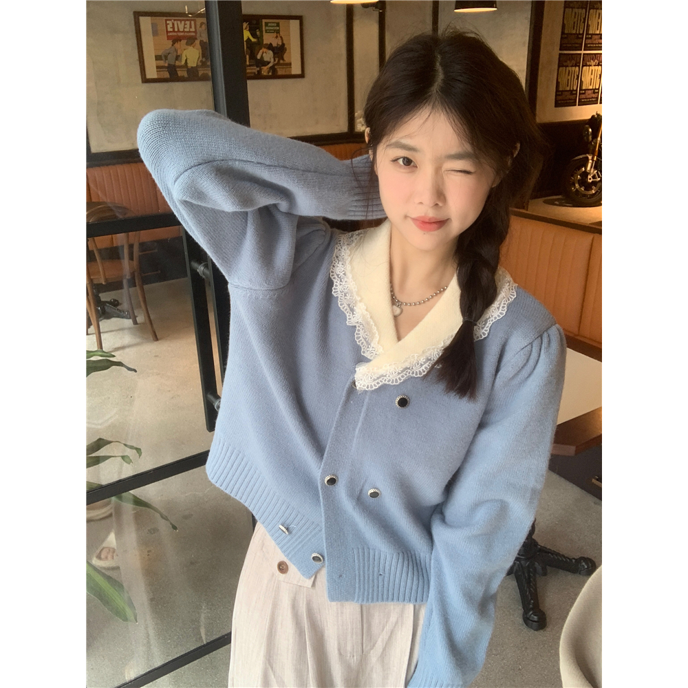 Kumikumi Áo Khoác Cardigan Dệt Kim Tay Dài Dáng Rộng Cổ Búp Bê Phối Ren Xinh Xắn Cho Nữ