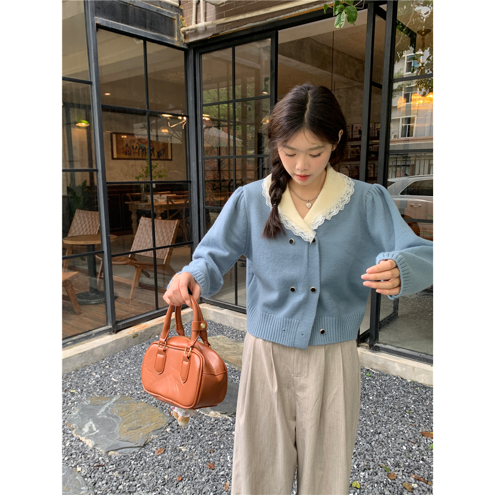 Kumikumi Áo Khoác Cardigan Dệt Kim Tay Dài Dáng Rộng Cổ Búp Bê Phối Ren Xinh Xắn Cho Nữ