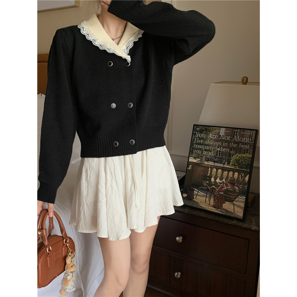 Kumikumi Áo Khoác Cardigan Dệt Kim Tay Dài Dáng Rộng Cổ Búp Bê Phối Ren Xinh Xắn Cho Nữ
