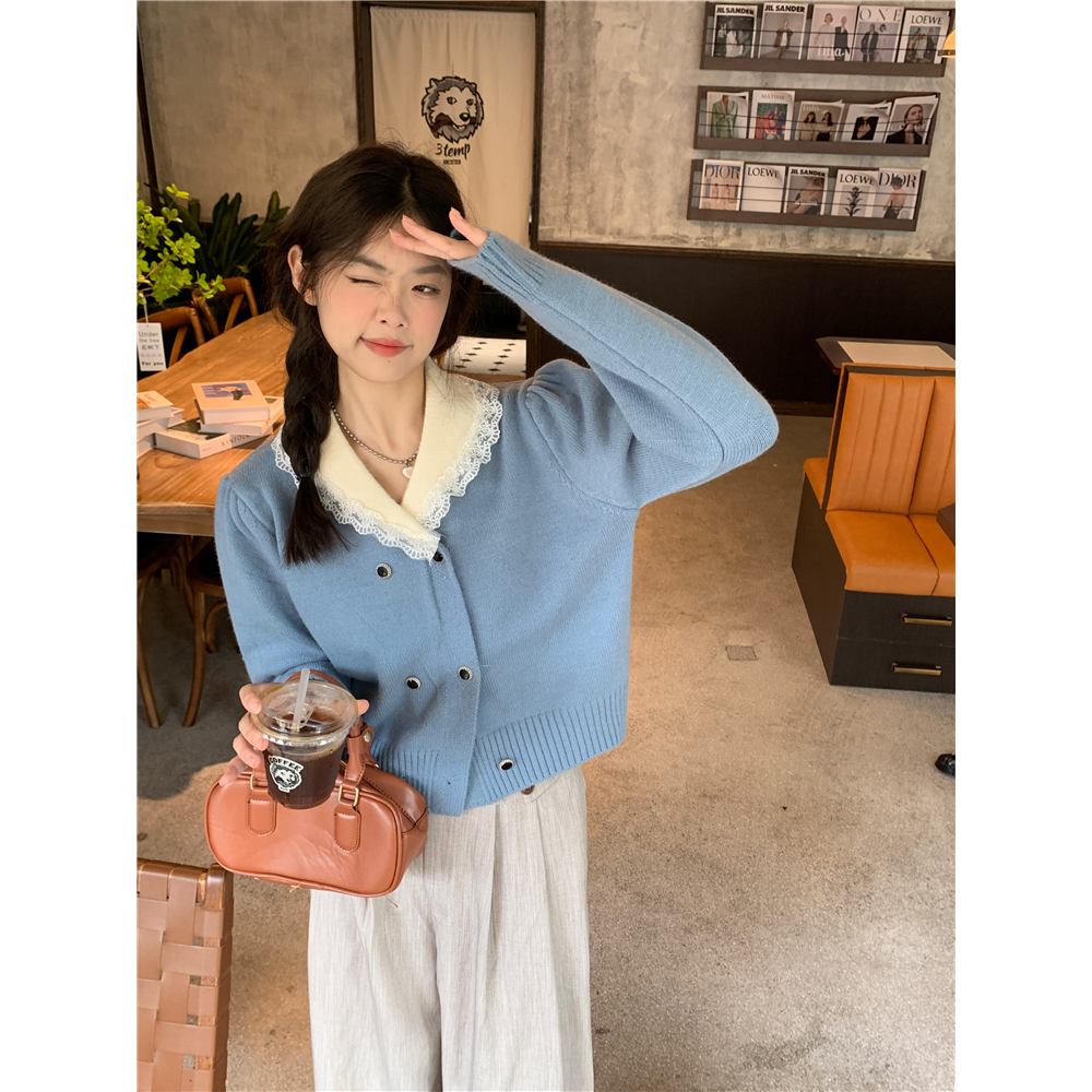 Kumikumi Áo Khoác Cardigan Dệt Kim Tay Dài Dáng Rộng Cổ Búp Bê Phối Ren Xinh Xắn Cho Nữ