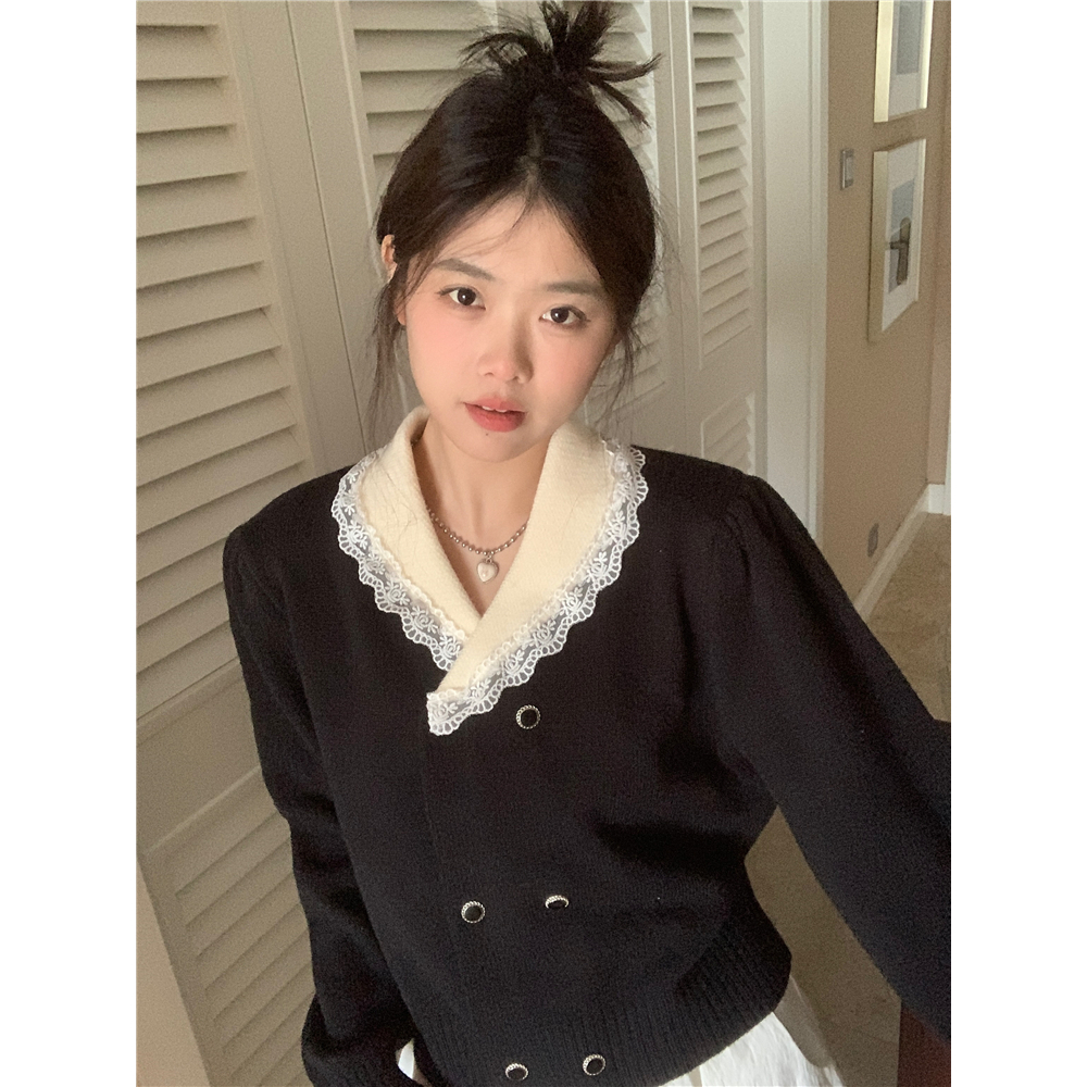 Kumikumi Áo Khoác Cardigan Dệt Kim Tay Dài Dáng Rộng Cổ Búp Bê Phối Ren Xinh Xắn Cho Nữ