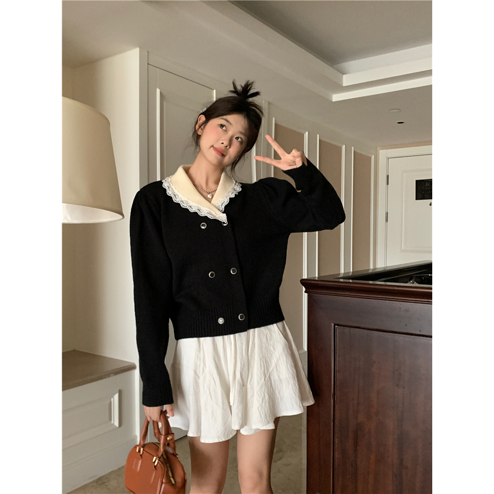 Kumikumi Áo Khoác Cardigan Dệt Kim Tay Dài Dáng Rộng Cổ Búp Bê Phối Ren Xinh Xắn Cho Nữ