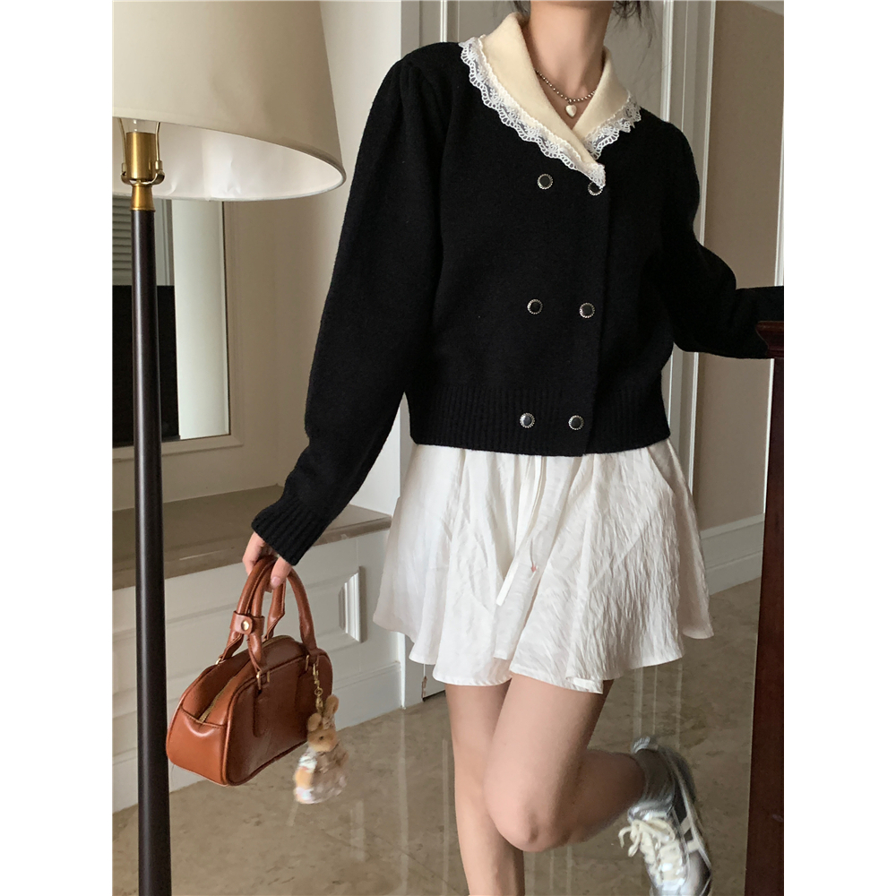 Kumikumi Áo Khoác Cardigan Dệt Kim Tay Dài Dáng Rộng Cổ Búp Bê Phối Ren Xinh Xắn Cho Nữ
