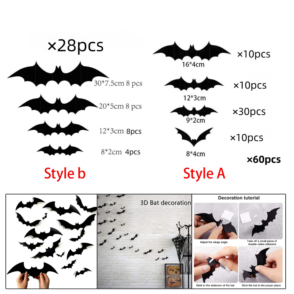 Dơi Trang Trí Tường Đen Đáng Sợ Miếng Dán Decal Dán Tường 3D Trang Trí Phòng 3D Dơi Halloween Dán Trang Trí Cho Văn Phòng Nhà