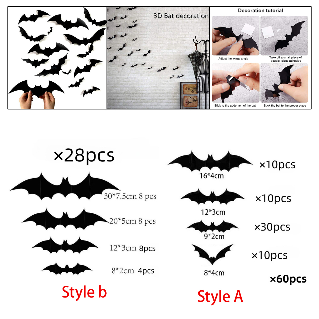 Dơi Trang Trí Tường Đen Đáng Sợ Miếng Dán Decal Dán Tường 3D Trang Trí Phòng 3D Dơi Halloween Dán Trang Trí Cho Văn Phòng Nhà