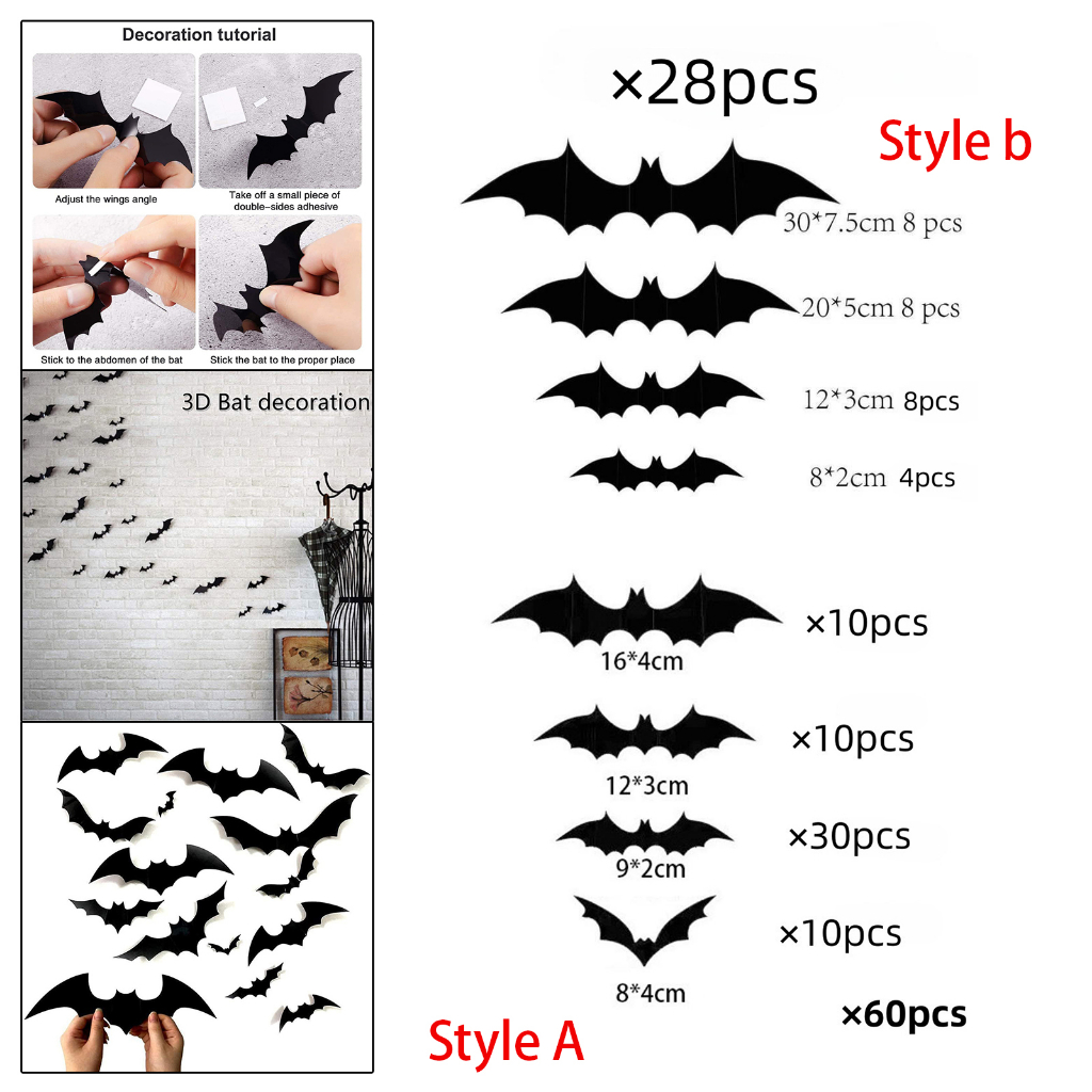 Dơi Trang Trí Tường Đen Đáng Sợ Miếng Dán Decal Dán Tường 3D Trang Trí Phòng 3D Dơi Halloween Dán Trang Trí Cho Văn Phòng Nhà