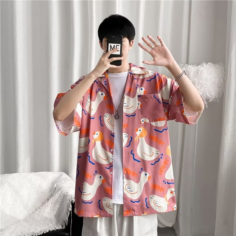 Áo Sơ Mi Dáng Rộng In Họa Tiết Hoạt Hình Phong Cách Hàn Quốc Thời Trang Mùa Hè Cho Nam