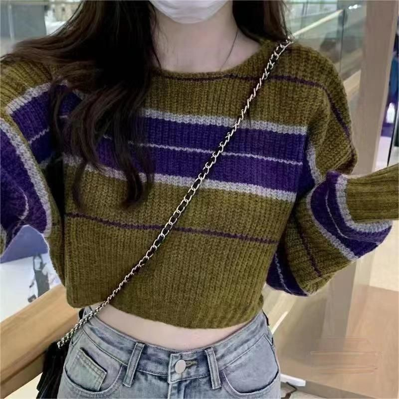 Áo Len Dài Tay Họa Tiết Kẻ Sọc Phong Cách Pháp Thời Trang Thu Đông Cho Nữ