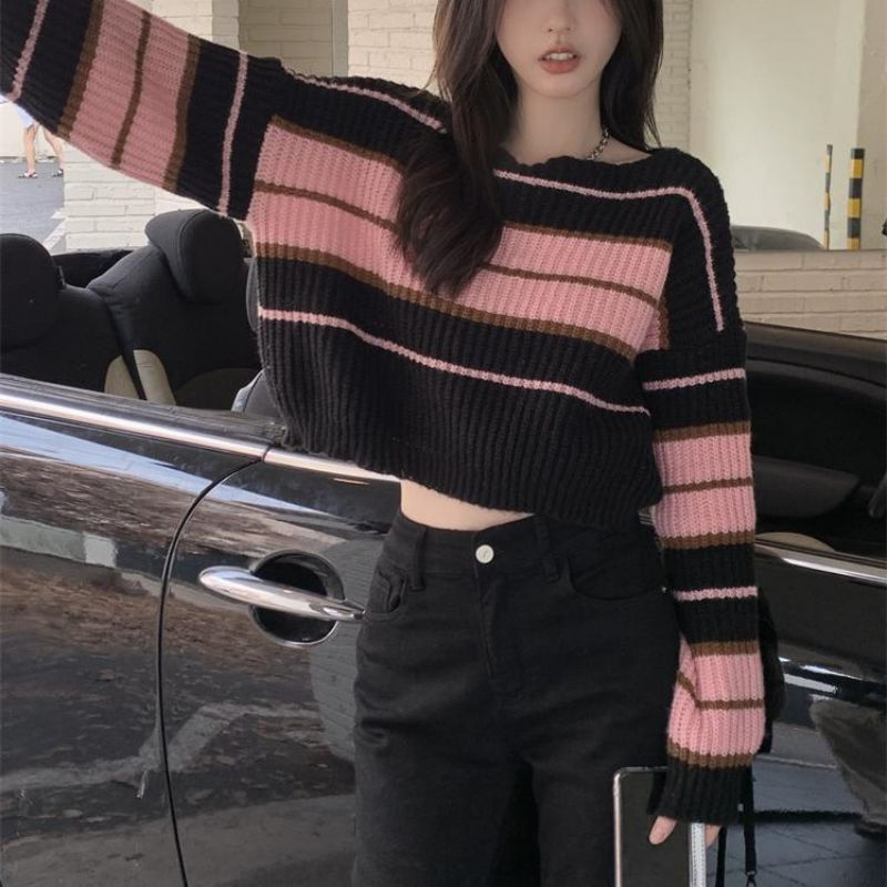Áo Len Dài Tay Họa Tiết Kẻ Sọc Phong Cách Pháp Thời Trang Thu Đông Cho Nữ