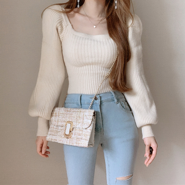 Áo Len Dài Tay Cổ Vuông Phong Cách Hàn Quốc Trẻ Trung Dành Cho Nữ