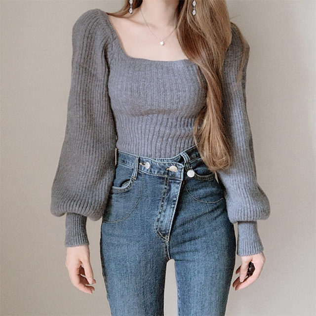 Áo Len Dài Tay Cổ Vuông Phong Cách Hàn Quốc Trẻ Trung Dành Cho Nữ