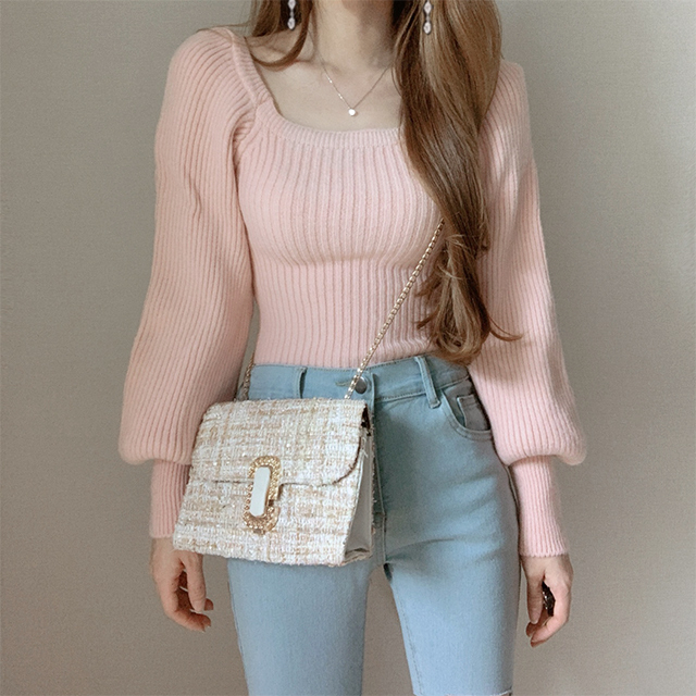 Áo Len Dài Tay Cổ Vuông Phong Cách Hàn Quốc Trẻ Trung Dành Cho Nữ