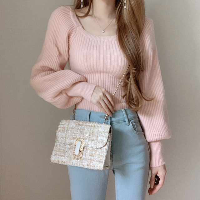 Áo Len Dài Tay Cổ Vuông Phong Cách Hàn Quốc Trẻ Trung Dành Cho Nữ