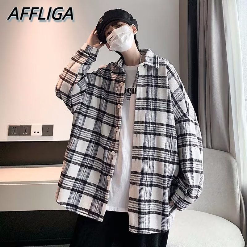 ✦ AFFLIGA ✦Áo Khoác Sơ Mi Caro Dáng Rộng Thoáng Khí Thời Trang Hàn Quốc Cho Nam