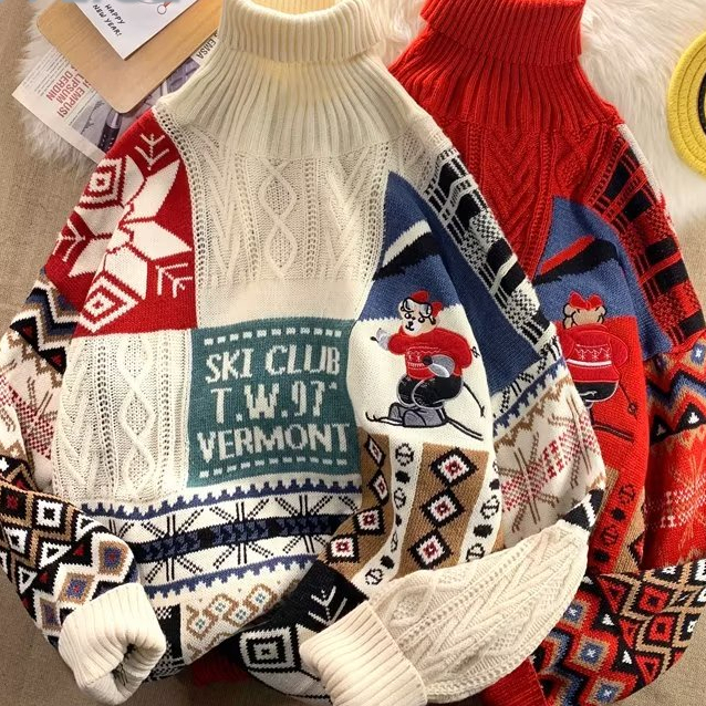 Áo sweater AFFLIGA cổ cao in họa tiết hoạt hình Giáng sinh thời trang mùa đông 3 màu lựa chọn cho nam