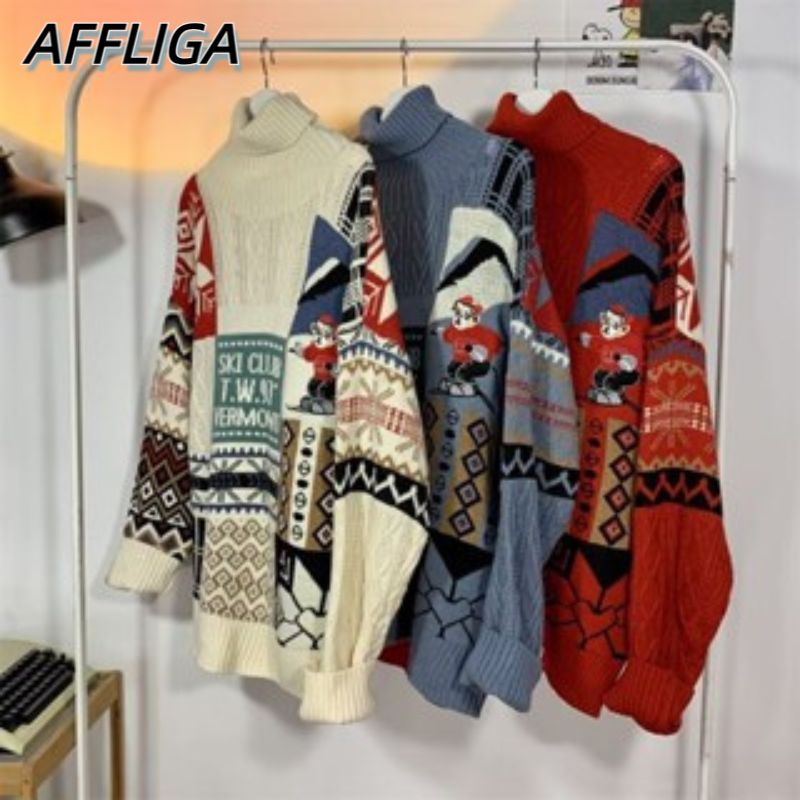 ✦ AFFLIGA ✦Áo Sweater Cổ Cao In Họa Tiết Hoạt Hình Giáng Sinh Thời Trang Mùa Đông 3 Màu Lựa Chọn Cho Nam