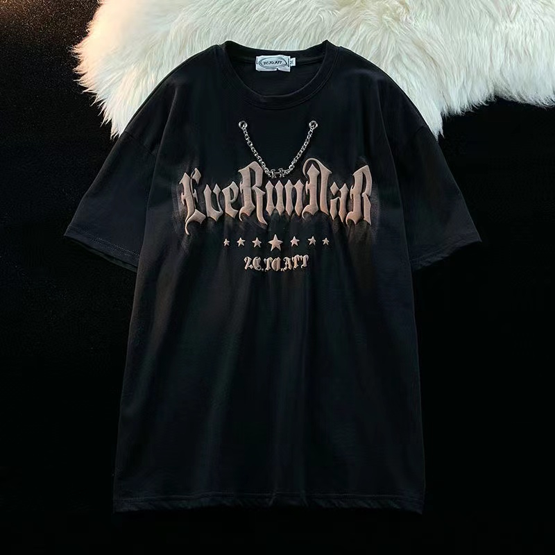 Áo Thun Tay Ngắn Dáng Rộng In Hình Vòng cổ Phong Cách Retro Đường Phố Cho Nam