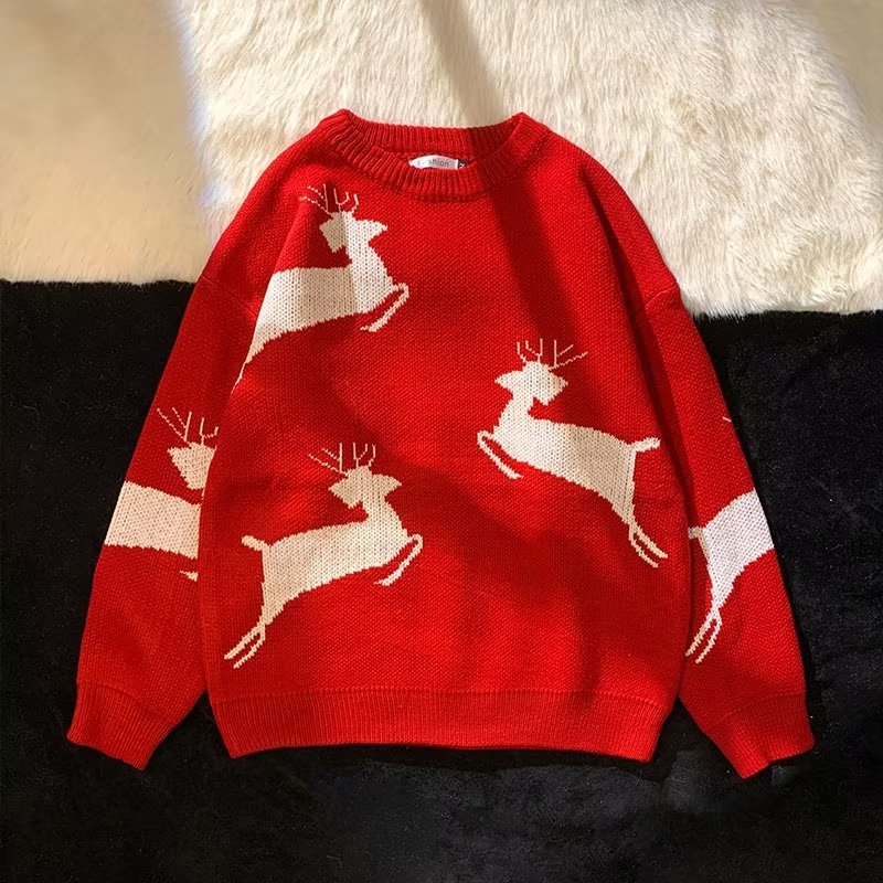 Áo sweater Dệt Kim Tay Dài Cổ Tròn In Hình Tuần Lộc Giáng Sinh Thời Trang Cho Nam