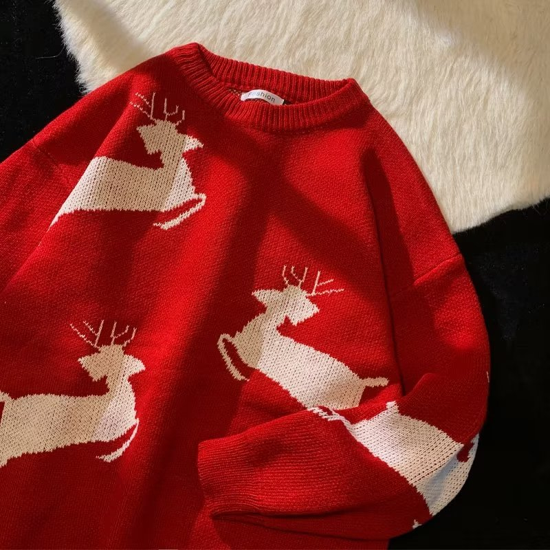 Áo sweater Dệt Kim Tay Dài Cổ Tròn In Hình Tuần Lộc Giáng Sinh Thời Trang Cho Nam