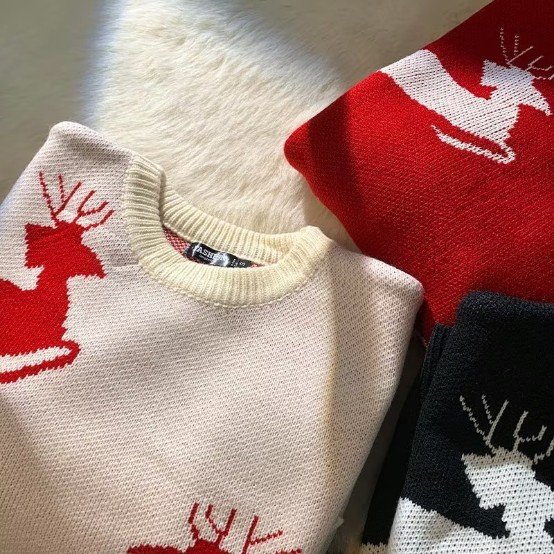 Áo sweater Dệt Kim Tay Dài Cổ Tròn In Hình Tuần Lộc Giáng Sinh Thời Trang Cho Nam