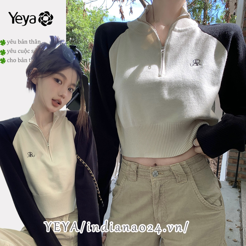 Yeya Áo sweater Dệt Kim Tay Dài Màu Sắc Tương Phản Phong Cách Hàn Quốc Thời Trang Mùa Thu Dành Cho Nữ