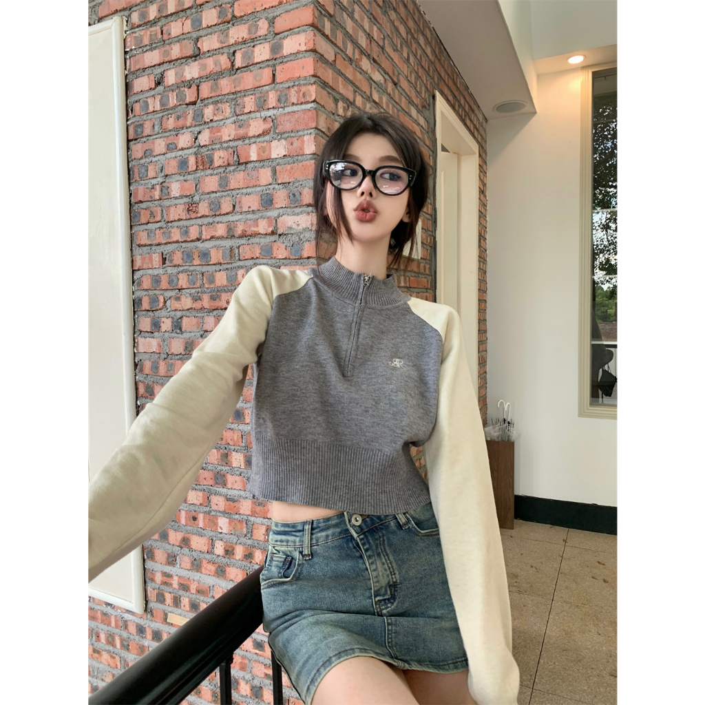 Yeya Áo sweater Dệt Kim Tay Dài Màu Sắc Tương Phản Phong Cách Hàn Quốc Thời Trang Mùa Thu Dành Cho Nữ