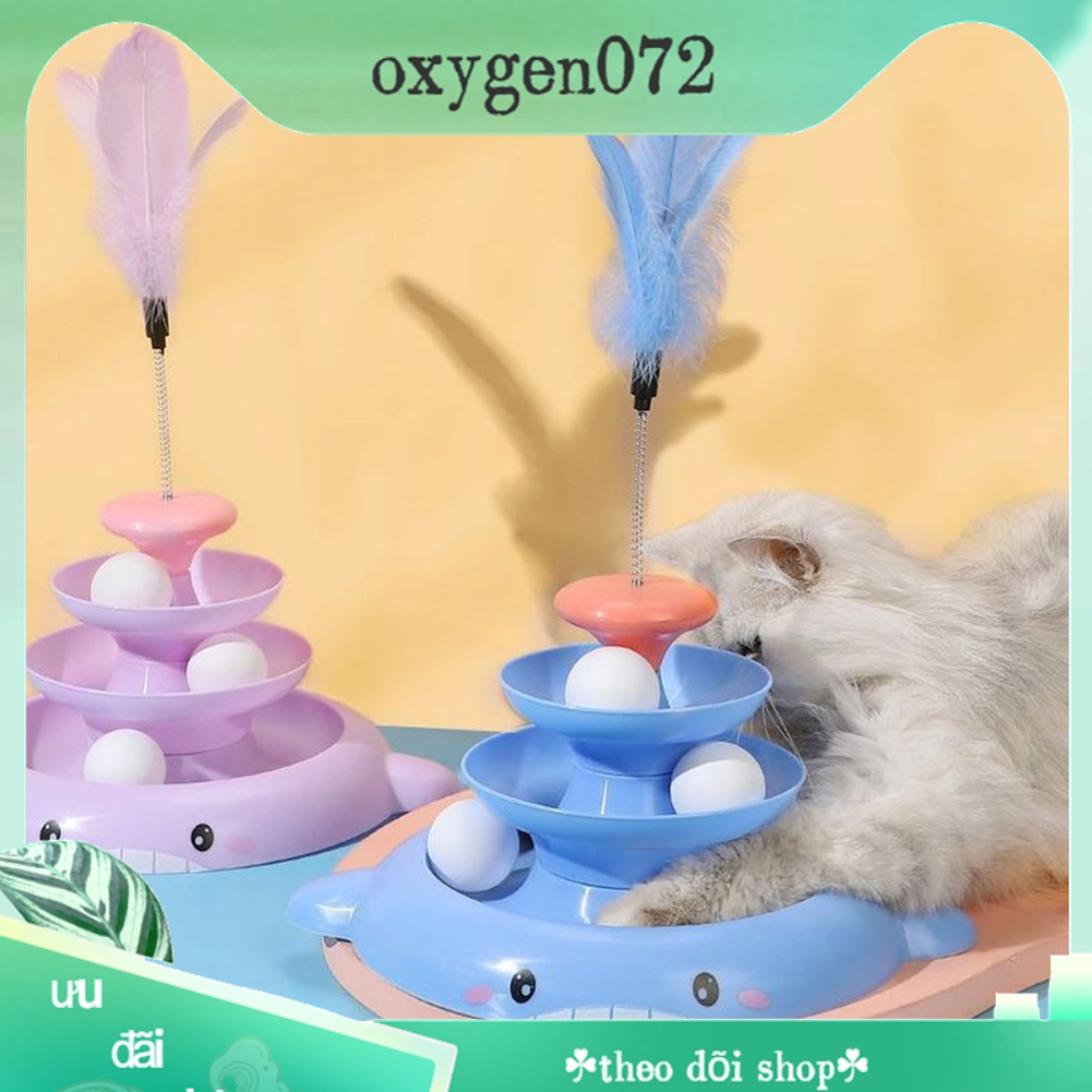 tháp banh cho mèo - Đồ chơi bóng bàn xoay cho mèo 3 cấp độ tương tác làm giảm sự nhàm chán của con mèo với thanh lông vũ và quả - Oxygen072