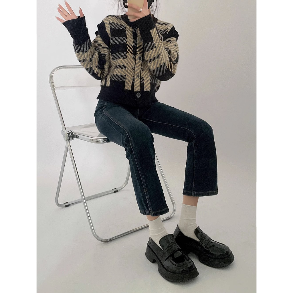 Đen Giày Lười Da Mũi Tròn Đế Dày Phong Cách Anh Quốc Thời Trang Mùa Thu 2023 Cho Nữ