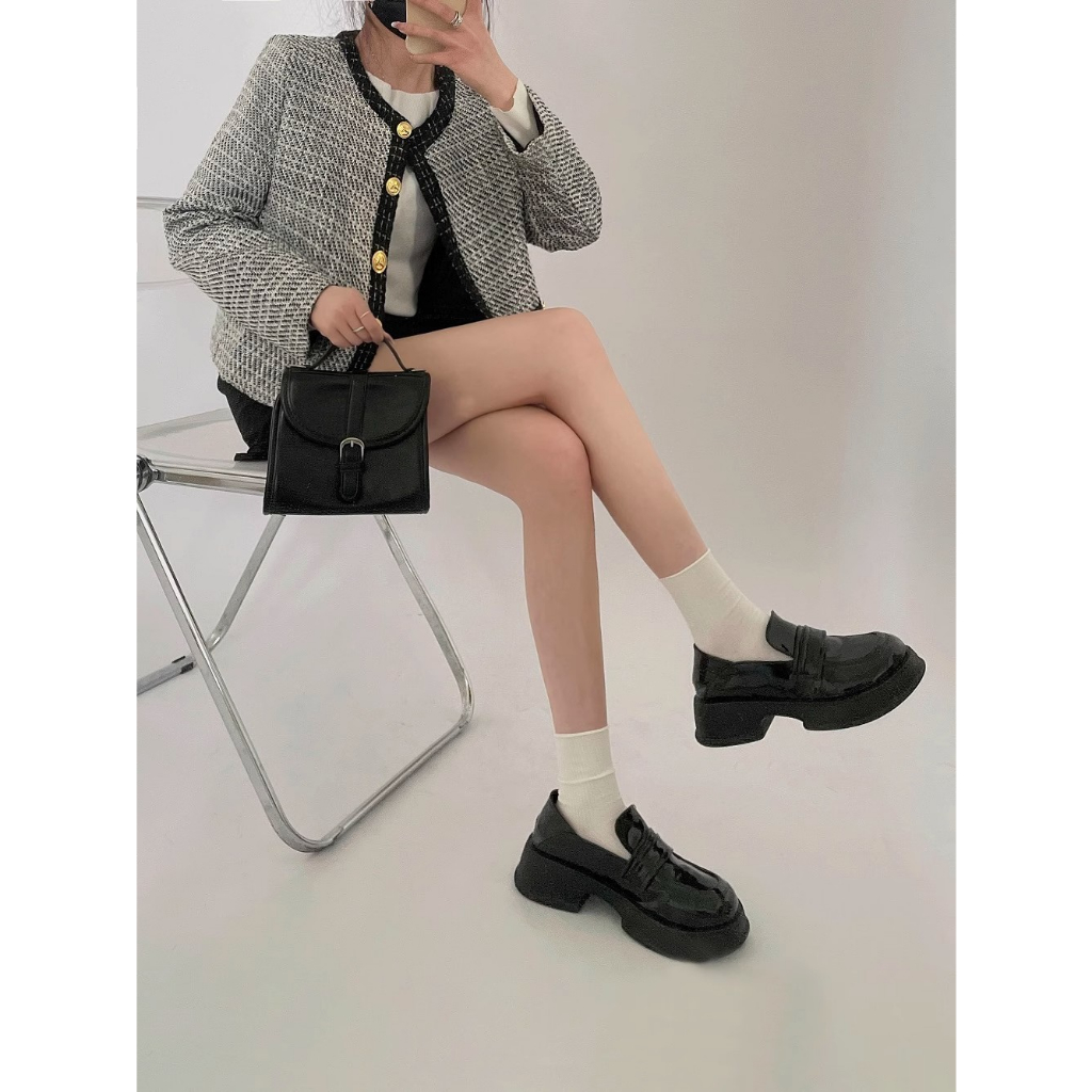 Đen Giày Lười Da Mũi Tròn Đế Dày Phong Cách Anh Quốc Thời Trang Mùa Thu 2023 Cho Nữ