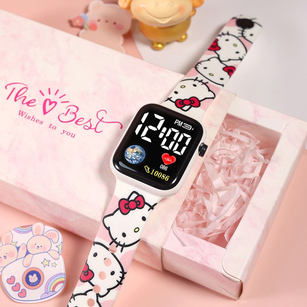Hoạt Hình Đồng Hồ Điện Tử Đeo Tay Mặt Vuông Có Đèn led In Hình hello kitty Dễ Thương Cho Bé