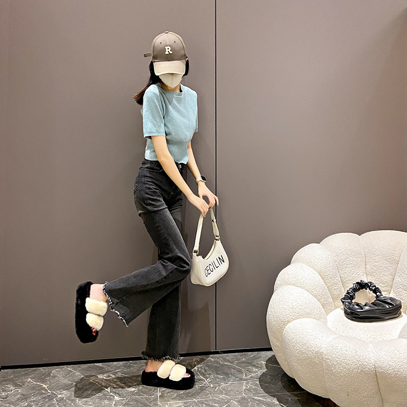 Dép lông nữ, dép bông quai ngang 2 quai thời trang đế cao 4cm size 35-39 màu kem đen nâu  - DV07