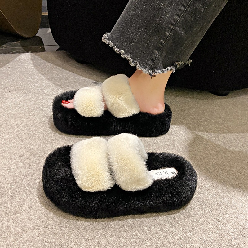 Dép lông nữ, dép bông quai ngang 2 quai thời trang đế cao 4cm size 35-39 màu kem đen nâu  - DV07
