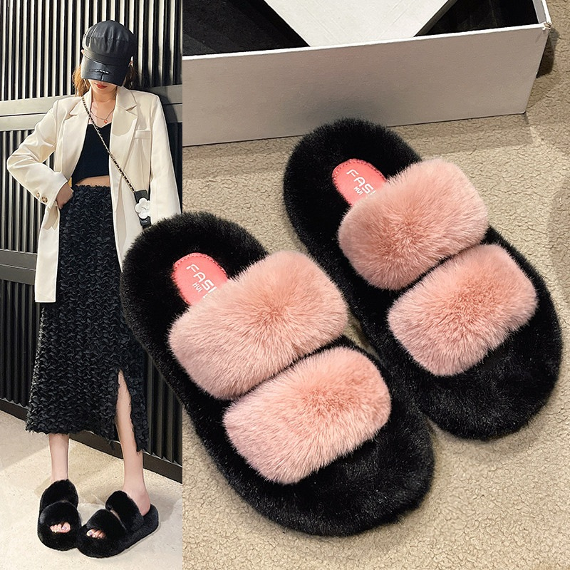 Dép lông nữ, dép bông quai ngang 2 quai thời trang đế cao 4cm size 35-39 màu kem đen nâu  - DV07