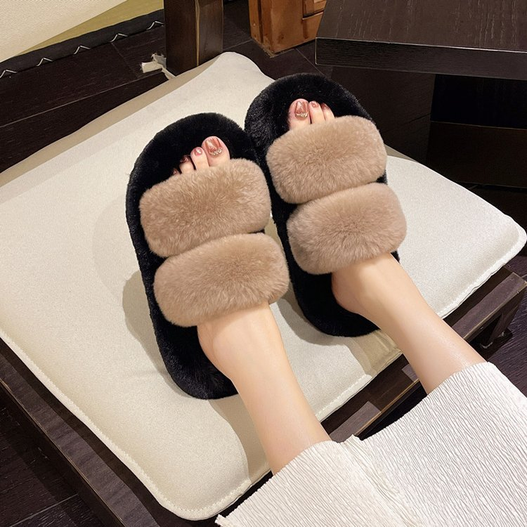 Dép lông nữ, dép bông quai ngang 2 quai thời trang đế cao 4cm size 35-39 màu kem đen nâu  - DV07