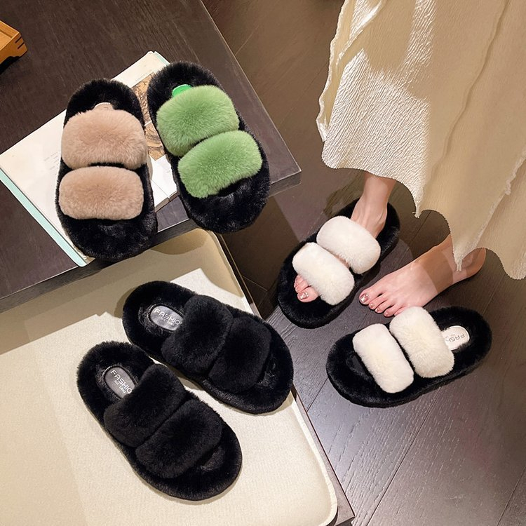 Dép lông nữ, dép bông quai ngang 2 quai thời trang đế cao 4cm size 35-39 màu kem đen nâu  - DV07