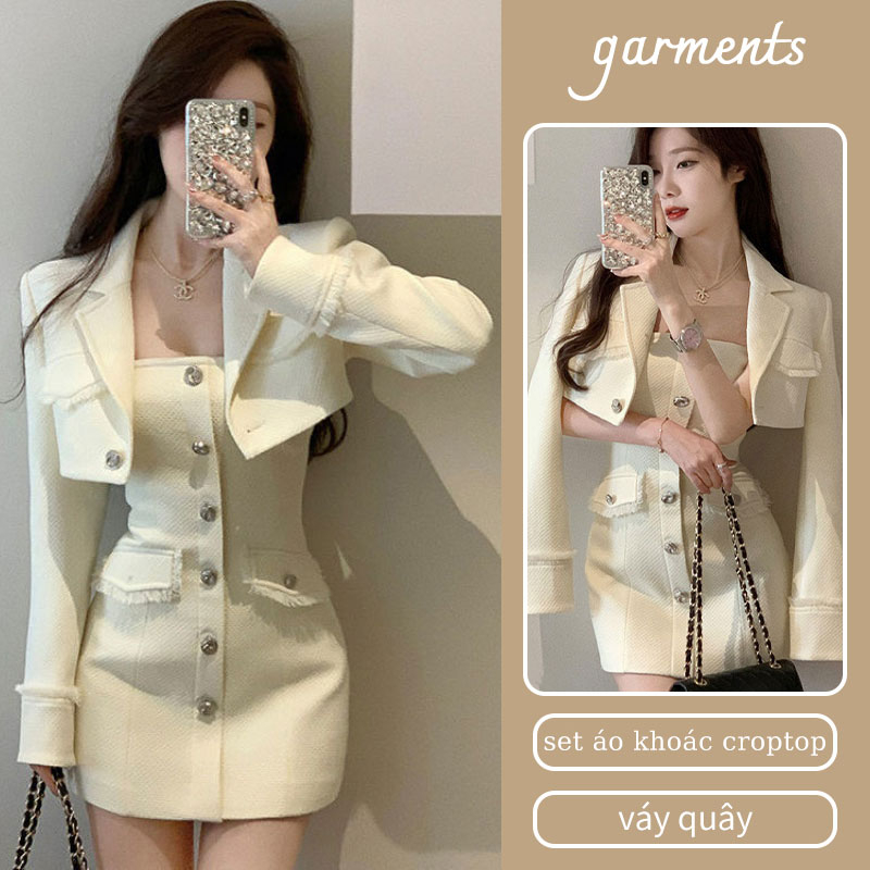 sét váy Set Dạ Tweed áo khoác tweed nữ set áo khoác croptop tua rua + váy quây ngắn trông gầy bộ đồ hai mảnh thời trang nữ xuân thu 2023