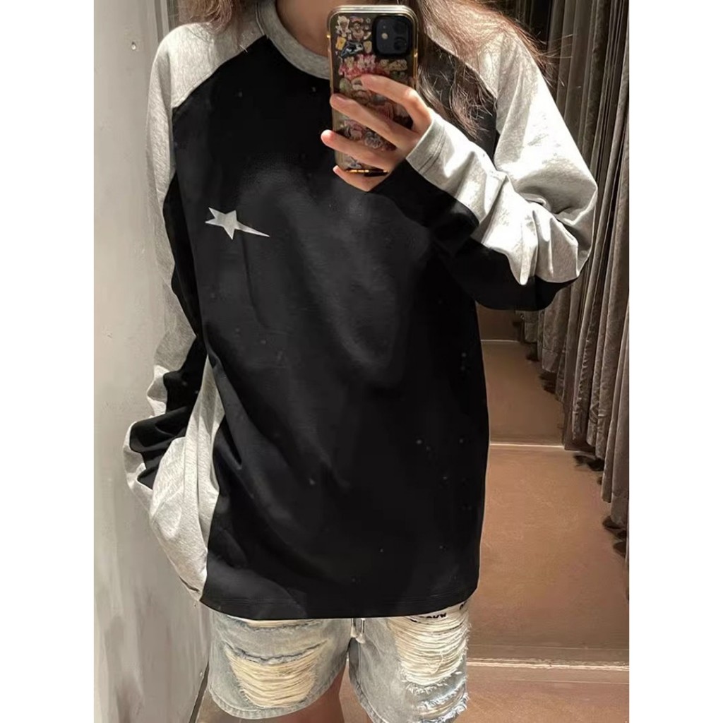 Ethelgirl Áo Thun raglan Rộng Tay Dài Cổ Tròn Thời Trang Mỹ Cho Nữ