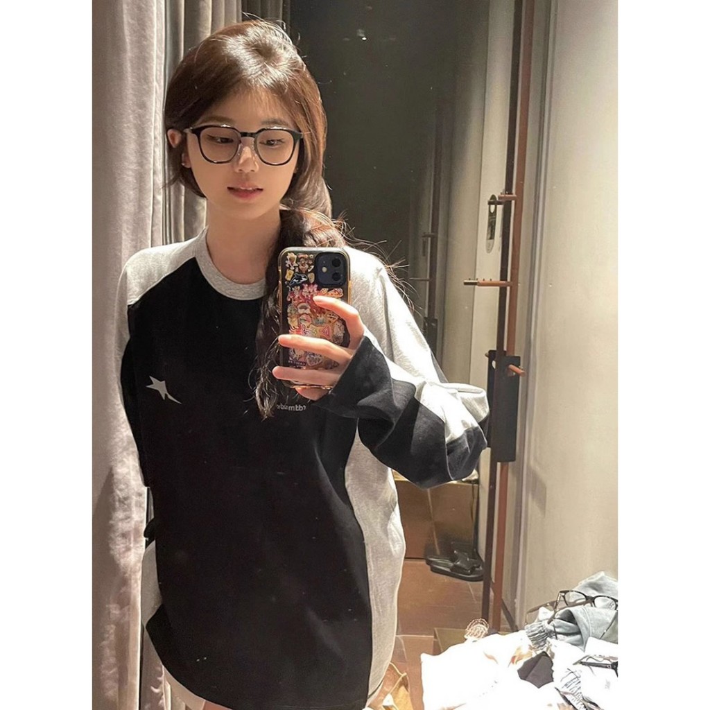 Ethelgirl Áo Thun raglan Rộng Tay Dài Cổ Tròn Thời Trang Mỹ Cho Nữ