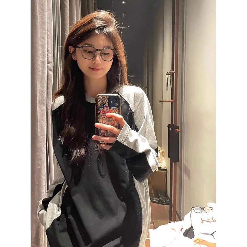 Ethelgirl Áo Thun raglan Rộng Tay Dài Cổ Tròn Thời Trang Mỹ Cho Nữ