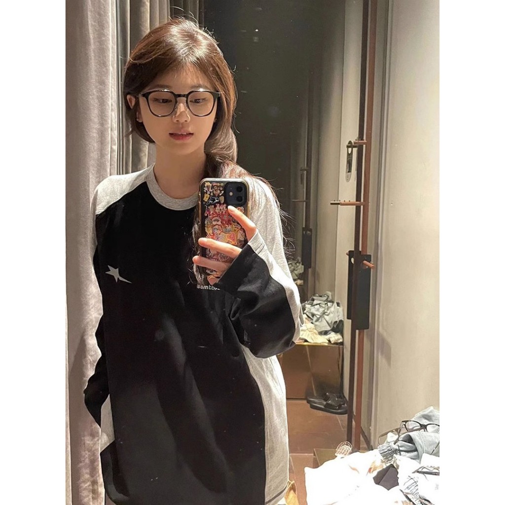 Ethelgirl Áo Thun raglan Rộng Tay Dài Cổ Tròn Thời Trang Mỹ Cho Nữ