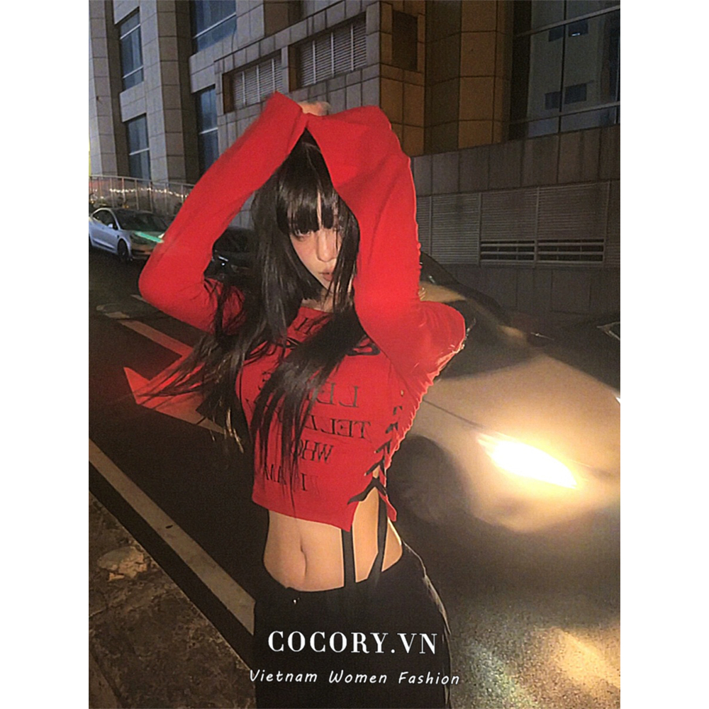 Cocory vn Áo croptop Trễ Vai Tay Dài Dáng Ôm y2k Thời Trang Quyến Rũ Cho Nữ