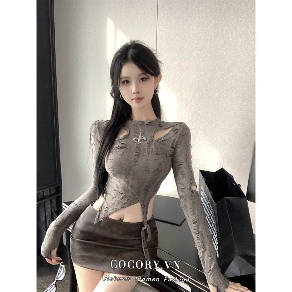 Cocory vn Áo Thun Lửng Tay Dài Giả Hai Lớp Phong Cách Mỹ y2k Thời Trang Quyến Rũ Cho Nữ