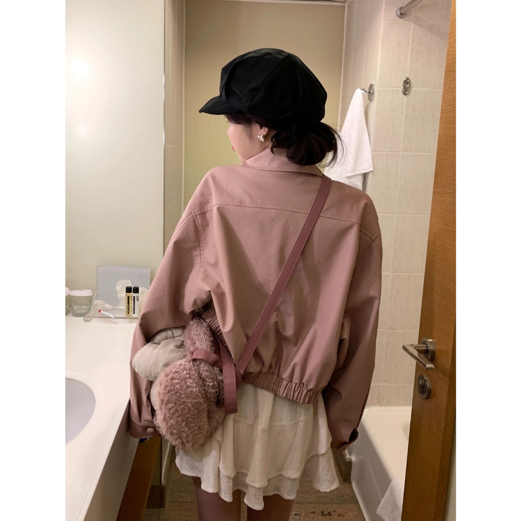 Kumikumi Áo Khoác Da Tay Dài Dáng Rộng Màu Hồng Phong Cách Hàn Quốc Thời Trang Mùa Thu Cho Nữ