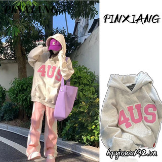 Áo sweatshirt chui đầu PINXIANG dáng rộng in chữ phong cách retro Mỹ thời trang mới cho nữ