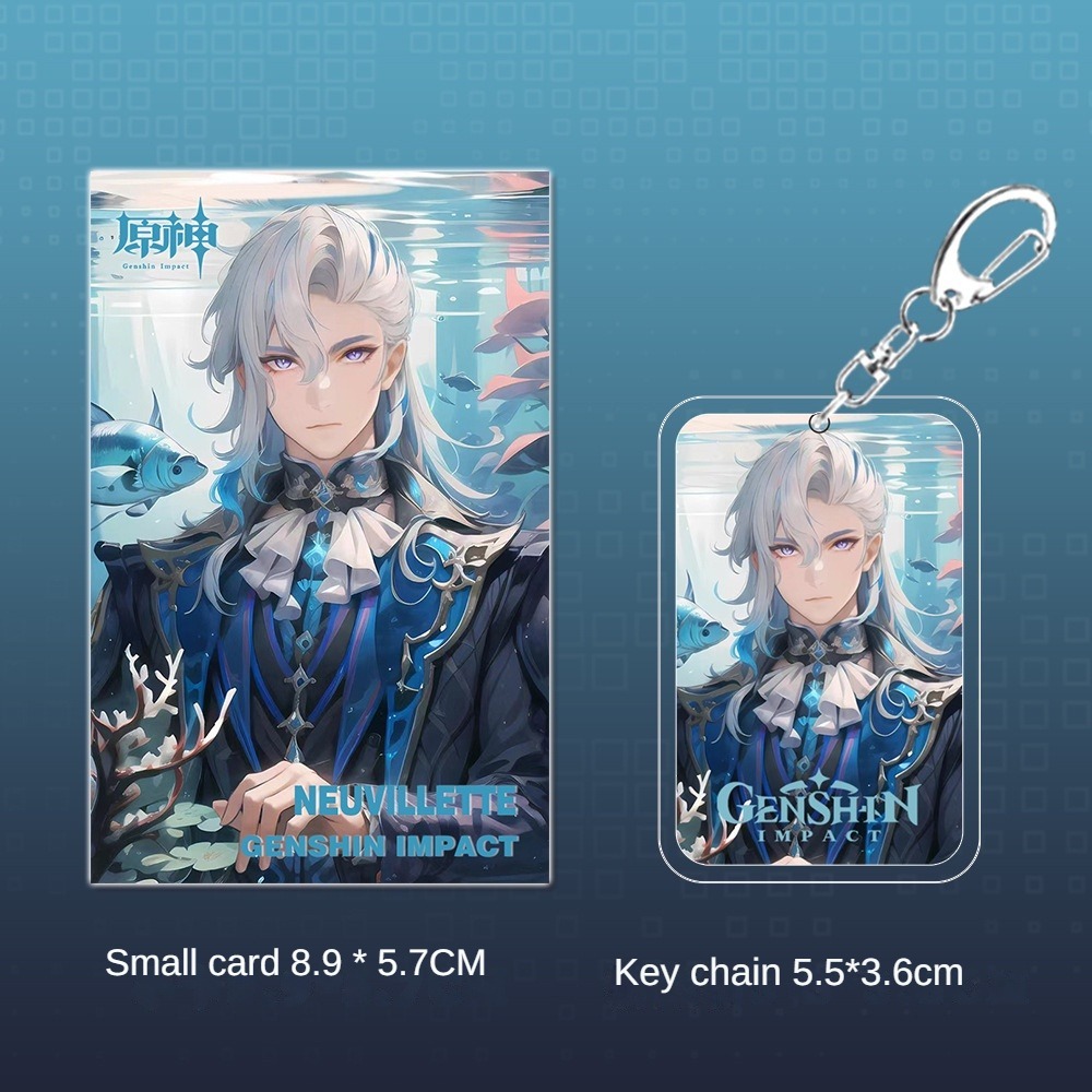 Genshin Impact Bộ Quà Tặng gồm Chìa khóa Keychain Badge, Thẻ nhỏ Mini Card, Bưu thiếp Postcard và Vé laze Laser Ticket Neuvillette TKXQ1