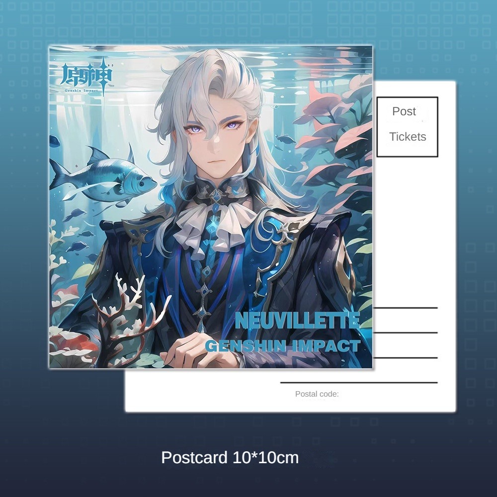 Genshin Impact Bộ Quà Tặng gồm Chìa khóa Keychain Badge, Thẻ nhỏ Mini Card, Bưu thiếp Postcard và Vé laze Laser Ticket Neuvillette TKXQ1