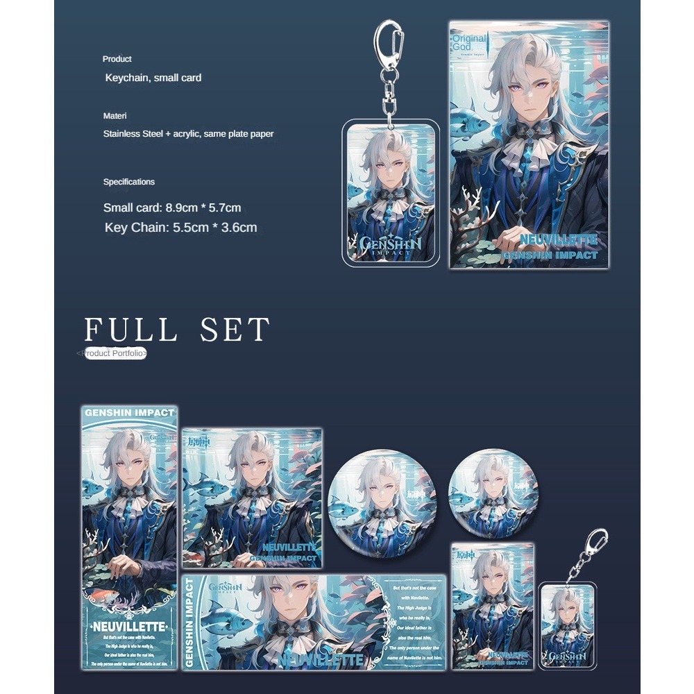 Genshin Impact Bộ Quà Tặng gồm Chìa khóa Keychain Badge, Thẻ nhỏ Mini Card, Bưu thiếp Postcard và Vé laze Laser Ticket Neuvillette TKXQ1